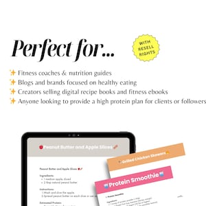 May include: A digital tablet displays a recipe for peanut butter and apple slices, with ingredients and instructions. Additional recipe cards for grilled chicken skewers and protein smoothies are visible. The image includes text: "Perfect for..." and "With Resell Rights."