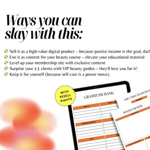 May include: Digital planner with the text "Gratitude Bank" and "The 7 Minute Journal." The image also includes the text "Ways you can slay with this:" and bullet points about using the planner.