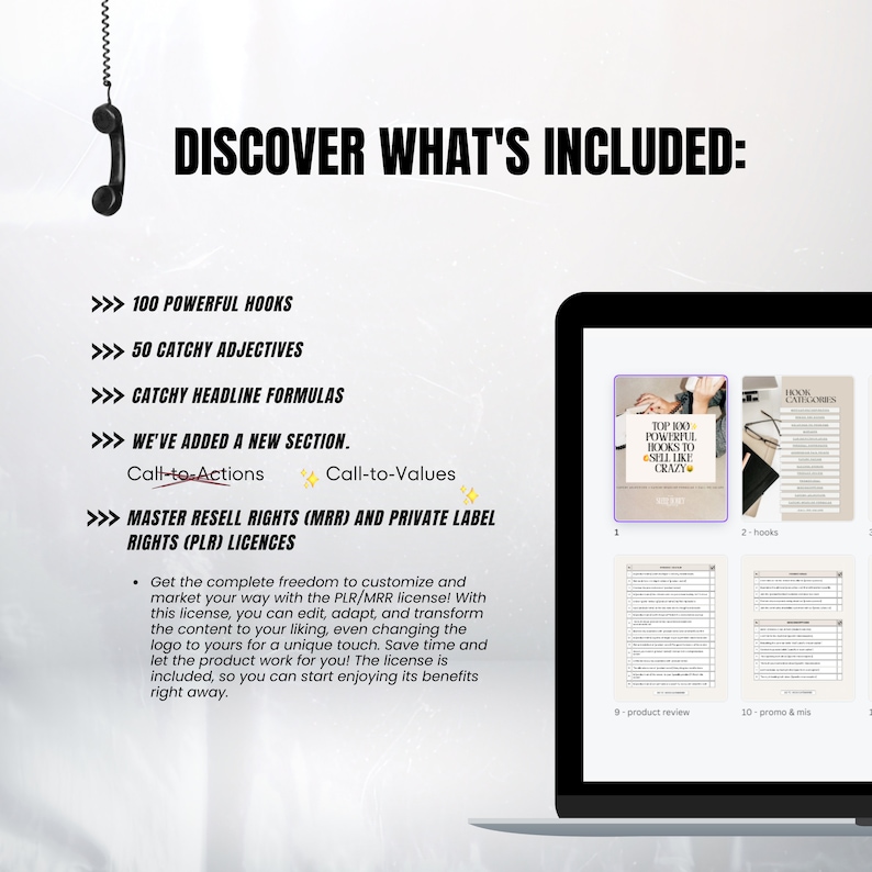 May include: A laptop screen displaying a digital product listing for a set of 100 powerful hooks, 50 catchy adjectives, and catchy headline formulas. The text "Top 100 Powerful Hooks to Spell Like Crazy" is visible on the screen.