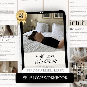 May include: A digital tablet displays a "Self-Love Workbook" with the text "How to Elevate Self-Love and the Mind, Body, and Soul." The image includes a woman lying on a bed and other self-help content.