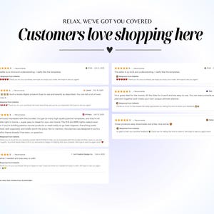 May include: A digital graphic featuring the text "RELAX, WE'VE GOT YOU COVERED" and "Customers love shopping here." Below are customer reviews with 5-star ratings. The reviews are from October and August.