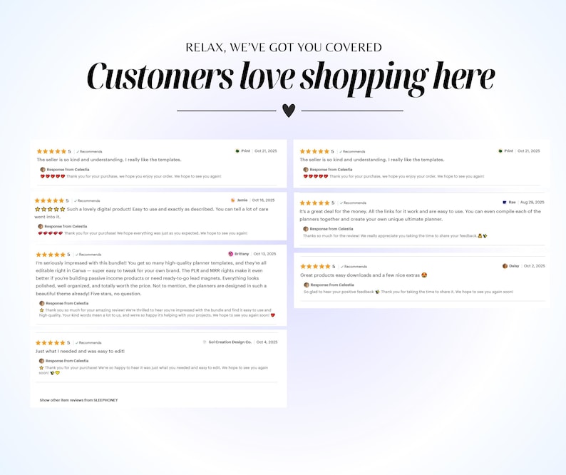 May include: A digital graphic featuring the text "RELAX, WE'VE GOT YOU COVERED" and "Customers love shopping here." Below are customer reviews with 5-star ratings. The reviews are from October and August.