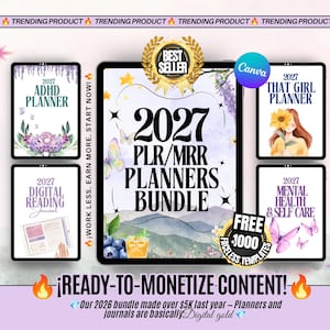 May include: A digital 2027 planner bundle displayed on tablet screens, featuring titles like ADHD Planner, That Girl Planner, Digital Reading Journal, and Mental Health & Self Care. The designs include floral, butterfly, and landscape illustrations.