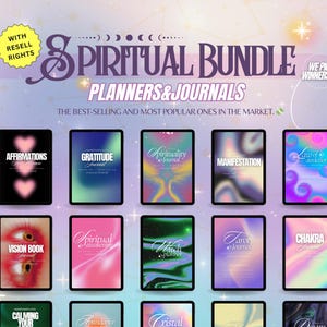 Puede incluir: Un collage digital de 15 portadas de planificadores y diarios diferentes con temas espirituales. Las portadas presentan una variedad de colores, patrones y diseños, incluyendo afirmaciones, gratitud, espiritualidad, manifestación, ley de atracción, libro de visión, chakra, calmar la mente, abundancia, cristal y sueño. El texto "Spiritual Bundle Planners & Journals" está en la parte superior de la imagen.