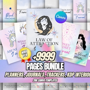 Pacote de Agendas e Diários Digitais PLR MRR | Mais de 9999 páginas | Rastreadores sem data, Bullet Journals, Lead Magnet | Renda Passiva | Canva | KDP