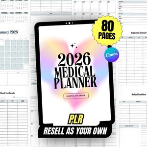Puede incluir: Un planificador médico digital para 2026, con un diseño de gradiente colorido. El planificador incluye 80 páginas y secciones para el seguimiento de medicamentos, resultados de análisis de sangre y afecciones médicas. El texto "RESELL AS YOUR OWN" también es visible.