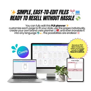 May include: A digital product advertisement featuring a laptop, desktop monitor, and tablet displaying planner templates. The text reads "SIMPLE, EASY-TO-EDIT FILES READY TO RESELL WITHOUT HASSLE." The Canva logo is visible, with a callout for editable PDF files.
