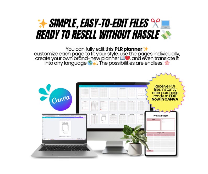 May include: A digital product advertisement featuring a laptop, desktop monitor, and tablet displaying planner templates. The text reads "SIMPLE, EASY-TO-EDIT FILES READY TO RESELL WITHOUT HASSLE." The Canva logo is visible, with a callout for editable PDF files.