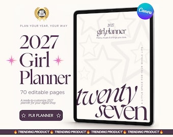 2027 Girl Planner PLR MRR, Editable Canva 2027 Planner, 70-Page Digital Planner PLR, 2027 Calendar, Self Care, Wellness & Life Planner Canva