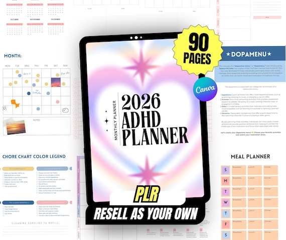 ADHD Planner Digital Printable with Brain Dump, Time Management, Neurodiversity Resources & Sections for Daily Organization | PLR