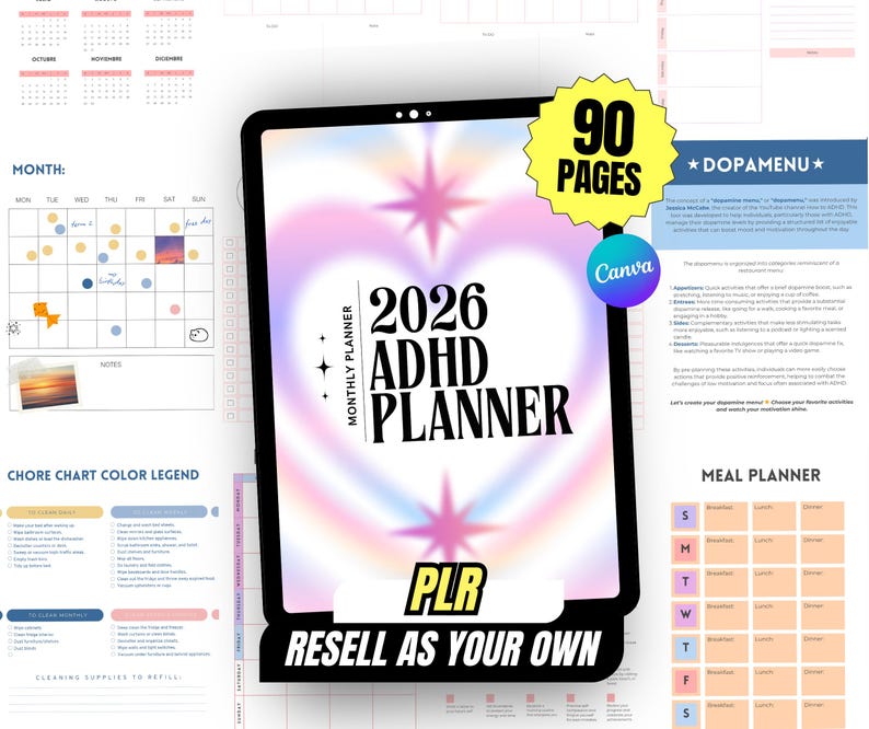 May include: A digital planner with a heart-shaped gradient design, the text "2026 ADHD PLANNER" and "RESELL AS YOUR OWN". Includes a calendar, chore chart, and meal planner. The planner has 90 pages and is designed in Canva.