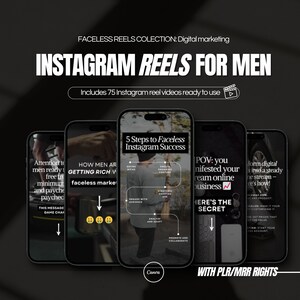 Puede incluir: Una colección de cuatro plantillas de video de Instagram para hombres. Las plantillas presentan un fondo negro con texto y gráficos blancos. El texto incluye "5 pasos para el éxito de Instagram sin rostro", "Cómo los hombres se están haciendo ricos con el marketing sin rostro", "POV: Invertiste en tu negocio en línea de ensueño", y "Transforma lo digital en un flujo de ingresos constante".