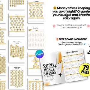May include: A collection of financial planning printables, including a 2026 money savings challenge planner. The planner includes a calendar and various savings challenges. The text reads: "Money stress keeping you up at night? Organize your budget and breathe easy again."