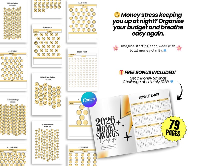 May include: A collection of financial planning printables, including a 2026 money savings challenge planner. The planner includes a calendar and various savings challenges. The text reads: "Money stress keeping you up at night? Organize your budget and breathe easy again."