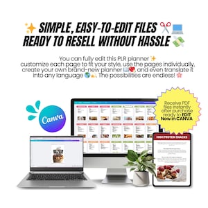 May include: A digital product image featuring a laptop, desktop monitor, and tablet displaying a planner template. The text reads "SIMPLE, EASY-TO-EDIT FILES READY TO RESELL WITHOUT HASSLE." The Canva logo is visible, along with the text "Receive PDF files instantly after purchase ready to EDIT Now in CANVA."
