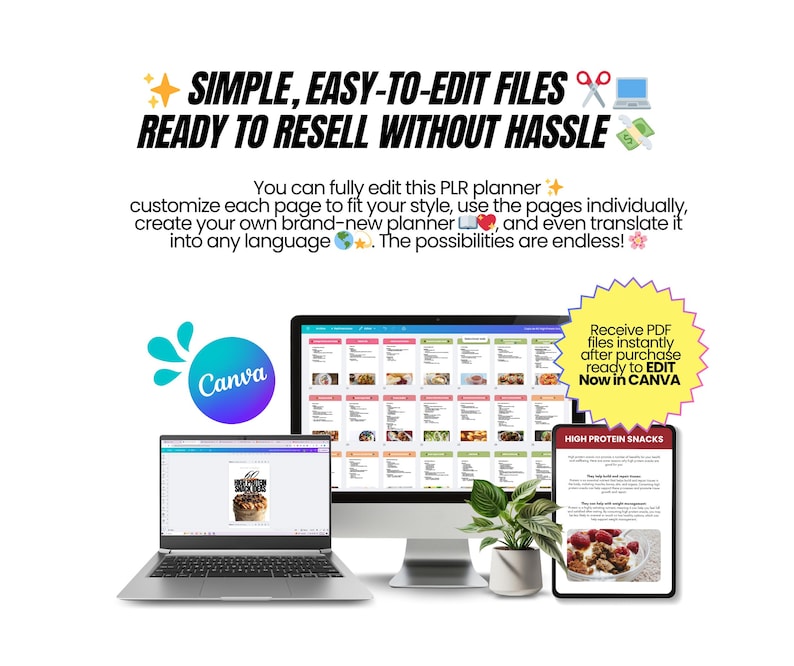 May include: A digital product image featuring a laptop, desktop monitor, and tablet displaying a planner template. The text reads "SIMPLE, EASY-TO-EDIT FILES READY TO RESELL WITHOUT HASSLE." The Canva logo is visible, along with the text "Receive PDF files instantly after purchase ready to EDIT Now in CANVA."