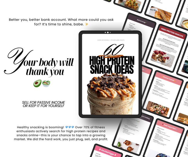 May include: A digital tablet displays a cover for "60 High Protein Snack Ideas." The cover features a jar of layered snacks topped with chocolate chips and caramel. Surrounding the tablet are other pages with snack recipes. Text includes "Your body will thank you."