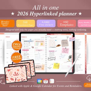 以下が含まれることがあります： ピンクと白のデザインのデジタル2026ハイパーリンクプランナー。画像は、プランナーを表示するタブレットを示しており、追加のカバーとステッカーが付いています。 598のハイパーリンクページ、+1000の無料ステッカー、+60のテンプレートが含まれています。