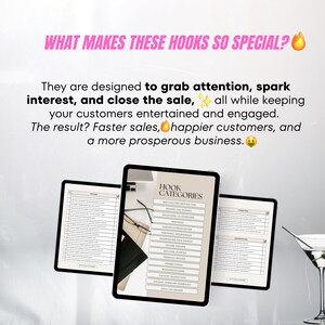 May include: A laptop screen displaying a list of "Hook Categories" with examples of different types of hooks for marketing and sales. The categories include "Motivational Inspiration", "Behind the Scenes", "Solutions to Problems", "Curiosity/Intrigue", "Mistakes", "Candid Appreciation", "Addressing Pain Points", "Personal Experiences", "Success Stories", "Future Facing", "Product Review", "Testimonials", "Promotional", "Catchy Headlines", "Catchy Adline Formulas", "Call to Action Phrases".