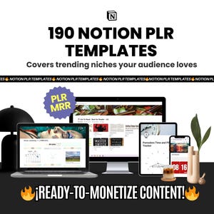 Puede incluir: Imagen promocional con un portátil, un monitor de escritorio, una tableta y un smartphone que muestran plantillas de Notion. El texto dice "190 Notion PLR Templates" y "Ready-to-Monetize Content!" También se ve una lámpara, una planta y una taza de café.