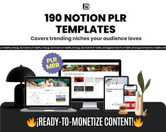 May include: A promotional image featuring a laptop, desktop monitor, tablet, and smartphone displaying Notion templates. The text reads "190 Notion PLR Templates" and "Ready-to-Monetize Content!" A lamp, plant, and coffee cup are also visible.
