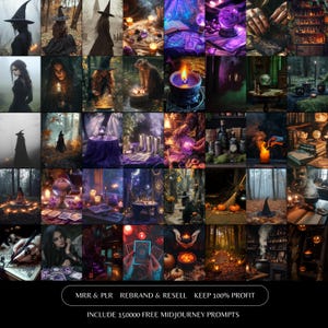 以下が含まれることがあります： 魔女をテーマにした画像のコラージュ。画像には、森の中の魔女、クリスタルボール、ろうそく、タロットカード、その他の魔法のアイテムが含まれています。