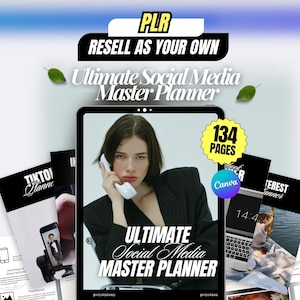 May include: A digital marketing product with the text "PLR RESELL AS YOUR OWN Ultimate Social Media Master Planner." The image includes a woman holding a phone, and several pages with the text "TikTok Planner" and "Pinterest Planner."