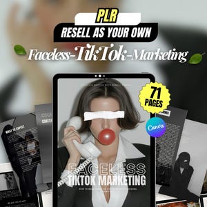 Puede incluir: Imagen de una tableta con el texto "Faceless TikTok Marketing" y "Resell as Your Own". La imagen también incluye el texto "71 Páginas" y "Canva". El fondo está borroso con una persona sosteniendo un teléfono.