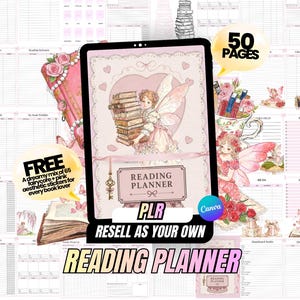 Puede incluir: Un planificador de lectura digital en una pantalla de tableta, con una portada rosa que muestra una ilustración de un hada sosteniendo libros. El fondo presenta varios diseños de páginas, incluyendo rastreadores de libros, con textos 50 PAGES, FREE, PLR y RESELL AS YOUR OWN.