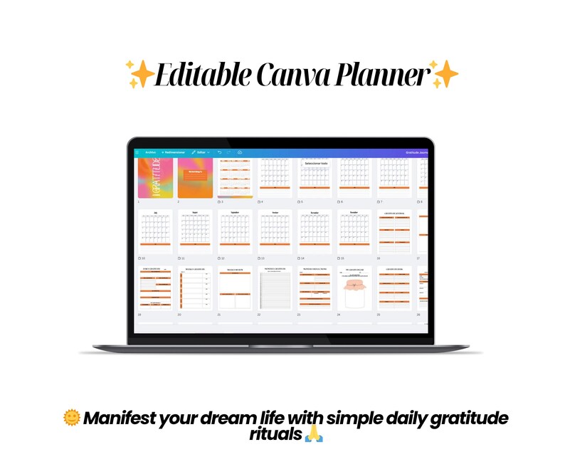 May include: A laptop displays a digital planner with calendar pages and organizational templates. The text "Editable Canva Planner" is at the top, with the phrase "Manifest your dream life with simple daily gratitude rituals" at the bottom.