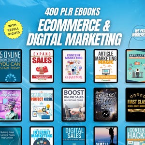 Puede incluir: Un collage de 12 portadas de libros electrónicos con títulos relacionados con el comercio electrónico y el marketing digital. Las portadas presentan varios colores y diseños, incluyendo una portada azul y blanca con el texto "5 modelos de negocio en línea que puedes comenzar hoy", una portada roja y blanca con el text "Expandir ventas", y una portada verde y blanca con el texto "Campeón de marketing de contenido".