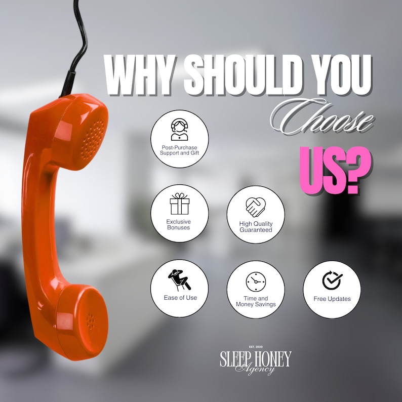 May include: A red rotary phone with a white background. The text "WHY SHOULD YOU Choose US?" is displayed in large letters.  There are six circles with icons and text describing the benefits of choosing this service. The text "SLEEP HONEY Agency" is displayed at the bottom of the image.