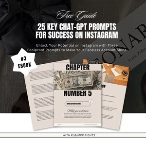 Op de afbeelding: Een gratis gids met de titel "25 Belangrijkste Chat-GPT-Prompts voor Succes op Instagram" met de ondertitel "Ontgrendel je potentieel op Instagram met deze waterdichte prompts om je gezichtsloze account te laten schitteren". De gids is gemarkeerd met #3 EBOOK en bevat een hoofdstuk met de titel "Hoofdstuk Nummer 5: Monetisatiemethoden".