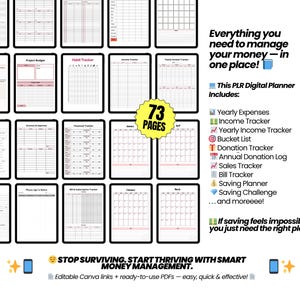 May include: A digital planner with 73 pages, featuring various financial trackers like yearly expenses, income, and savings. The planner includes a habit tracker, budget planner, and a yearly calendar. Text on the image says, "Everything you need to manage your money - in one place!"