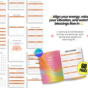 May include: A gratitude journal with a colorful cover, featuring the word "GRATITUDE" and a 2026 calendar. The journal is open, displaying 68 pages of prompts and exercises for self-reflection and manifestation.