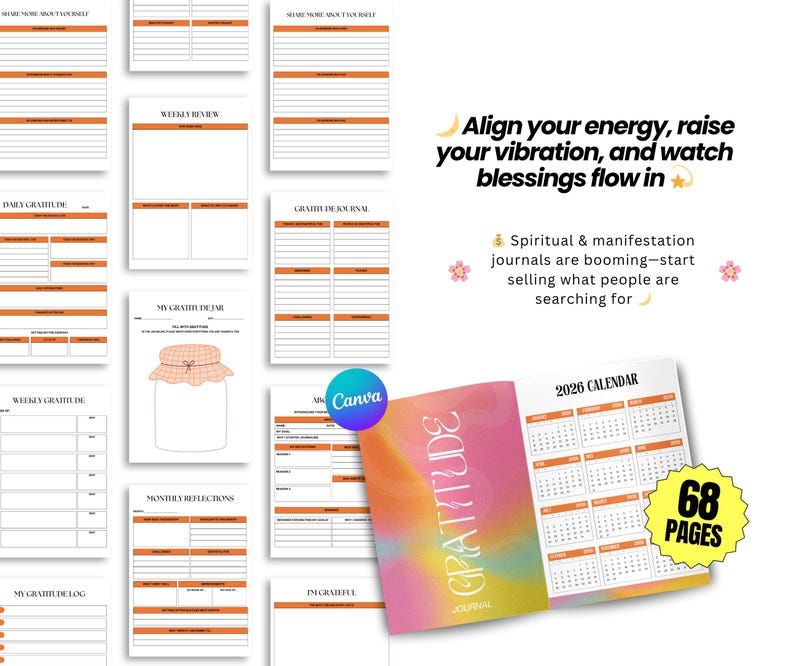May include: A gratitude journal with a colorful cover, featuring the word "GRATITUDE" and a 2026 calendar. The journal is open, displaying 68 pages of prompts and exercises for self-reflection and manifestation.