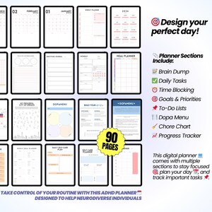 May include: Digital planner with sections for daily tasks, time blocking, and goals. The planner, designed for neurodiverse individuals, has 90 pages. Text on the image says "Design your perfect day!" and "Take control of your routine."