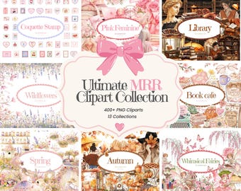 Ultimate MRR Clipart Collection 500+ PNG Clipart Bundle, Pink Feminine, Spring, Books, watercolor clipart, Master Resell Rights Included