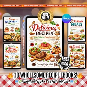 Puede incluir: Libros electrónicos de recetas digitales mostrados en tabletas. La tableta principal presenta "Delicious Recipes" con varios platos. Otras tabletas muestran "Easy Weeknight Meals", "Everyday Easy Recipes", "30-Minute Meals" y "Simple Home Cooking". Texto: "10 Wholesome Recipe Ebooks!"