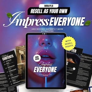 以下が含まれることがあります： タブレット画面に表示された「Impress Everyone」というタイトルのデジタルマーケティング製品。画像には、鮮やかなピンクの唇をした女性の顔が写っています。「Resell as your own」と「With Resell Rights」というテキストが含まれています。