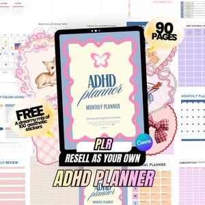 Puede incluir: Una plantilla de planificador digital para TDAH con una página de portada central que muestra un gráfico de mariposa rosa, el texto ADHD planner y monthly planner. El fondo muestra varias páginas de planificación, incluyendo un calendario mensual, una tabla de tareas y una hoja de cálculo de deudas, con 90 páginas y 100 pegatinas estéticas incluidas. El diseño utiliza una paleta de colores pastel suaves con elementos decorativos como lazos y una ilustración de un cervatillo.