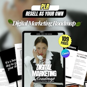 Puede incluir: Guía de marketing digital con el texto "PLR RESELL AS YOUR OWN". La imagen incluye el texto "The DIGITAL MARKETING Roadmap" y "109 PAGES". La imagen también incluye el logotipo de Canva.