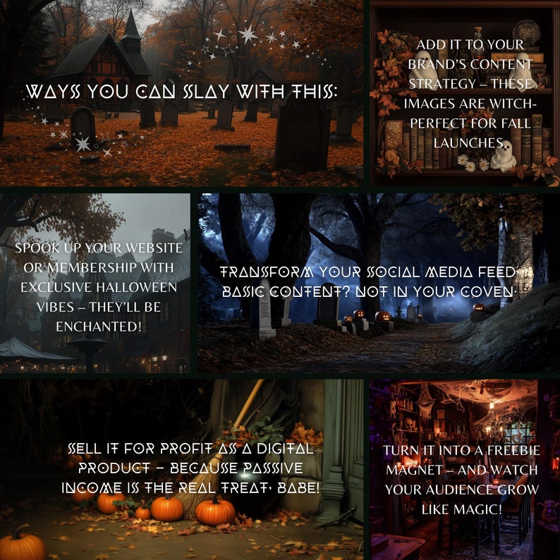 以下が含まれることがあります： ハロウィーンをテーマにした画像をマーケティングやブランディングに活用する方法を提案する、テキストを重ねた画像のコラージュ。画像には墓地、カボチャ、魔女の釜が写っています。