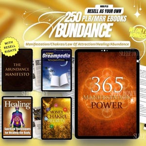 Puede incluir: Anuncio de libros electrónicos sobre un fondo dorado. La imagen presenta varias tabletas y libros con títulos como "The Abundance Manifesto" y "365 Manifestation Power". El texto incluye "Resell as Your Own" y "250 PLR/MRR Ebooks".