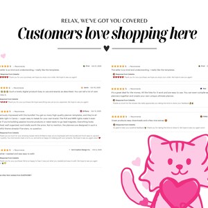 May include: Image features the text "RELAX, WE'VE GOT YOU COVERED" and "Customers love shopping here" in a stylish font. Pink hearts and a pink cat holding a heart are also present, along with customer reviews.