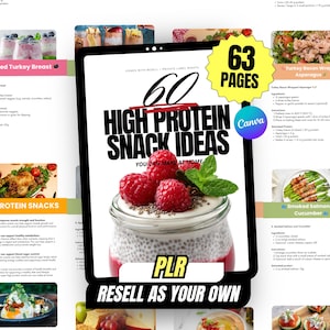 Pode incluir: Uma capa de produto digital com o título "60 Ideias de lanches ricos em proteínas" e o texto "Revenda como seu". A capa apresenta um pote de pudim de sementes de chia coberto com framboesas e hortelã. O produto tem 63 páginas.