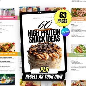 Puede incluir: Maqueta de producto digital de una tableta que muestra un libro de cocina titulado "60 Ideas de snacks ricos en proteínas". La portada presenta un tarro de comida cubierto con chispas de chocolate. El texto "Revende como tuyo" es visible.