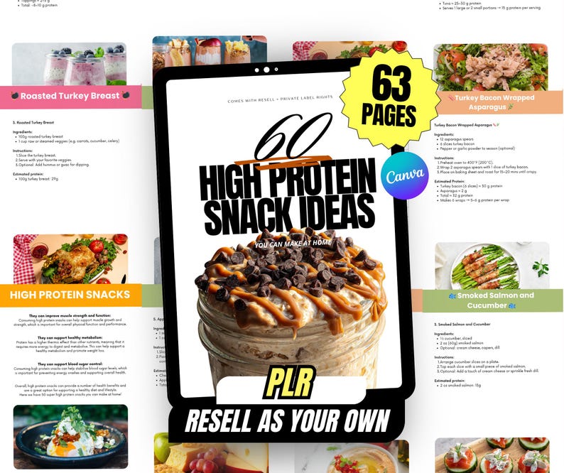 Op de afbeelding: Een digitale productmockup van een tablet met een kookboek met de titel "60 High Protein Snack Ideas". De cover toont een pot met eten, gegarneerd met chocoladeschilfers. De tekst "Resell as Your Own" is zichtbaar.