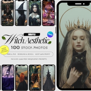 Puede incluir: Un paquete de productos digitales que incluye 100 fotos de archivo con una estética de bruja. Las fotos presentan mujeres con trajes de bruja, objetos mágicos y entornos oscuros y melancólicos. El texto de la imagen dice "Witch Aesthetic 100 Stock Photos" e incluye el texto "MRR & PLR Rebrand & Resell Keep 100% Profit Include 15000 Free Midjourney Prompts".