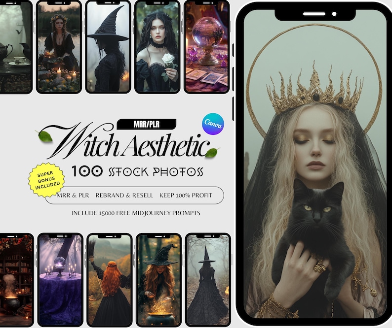 以下が含まれることがあります： 魔女の美学をテーマにした100枚のストック写真を含むデジタル製品バンドル。写真は、魔女の衣装を着た女性、魔法のアイテム、暗くてムードのある設定を特徴としています。画像のテキストには「Witch Aesthetic 100 Stock Photos」と表示され、「MRR & PLR Rebrand & Resell Keep 100% Profit Include 15000 Free Midjourney Prompts」というテキストが含まれています。